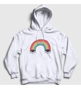 Presmono Unisex Beyaz Eyes Rainbow Gökkuşağı Kapüşonlu Sweatshirt 286140tt