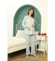 Göğüs Dantel Detaylı Kadın Hamile Pijama Takımı 1031 (Mavi)