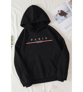 Paris Baskılı  Pamuklu Oversize Sweatshirt (Siyah)