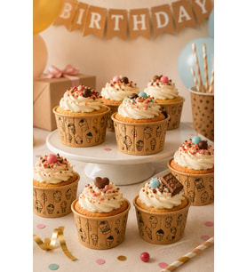 Cupcake Kapsülü 24'lü Kraft Şekerleme Desenli Lamineli Asetat Kutulu Kek Muffin Pişirme Kapsülü