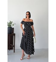 Neşeli butik kadın siyah madonna yaka fırfır detaylı desenli midi boy elbise NBG136