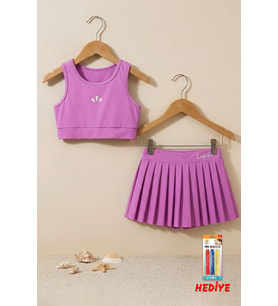 Kız Çocuk Sportif Mor Renk Pilili Crop - Şort Etek Alt - Üst Takım