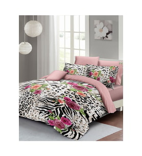 Leopar Lastikli Çarşaflı %100 Pamuk Saten Çift Kişilik Nevresim Takımı Zebra Flowers