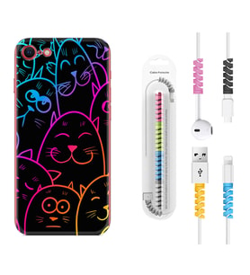 Apple iPhone 5 6 7 8 Plus Se XR Kılıf Kablo Koruma Spiral Silikon Neon Cats 1790