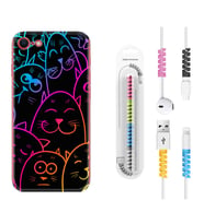 Apple iPhone 5 6 7 8 Plus Se XR Kılıf Kablo Koruma Spiral Silikon Neon Cats 1790