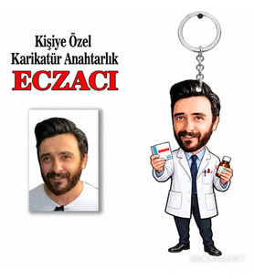 Fotoğraftan Kişiye Özel Kişiye Eczacı Karikatür Anahtarlık Karikatürlü 8 cm MDF Anahtarlık - Kişiye Eczacı Karikatür Anahtarlık Hediyesi Sağlık ve Bilim Çalışanı Hediyesi