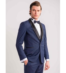 Dufy Lacivert Erkek Modern Fit Çizgili Şal Yaka Smokin Takım - 61328