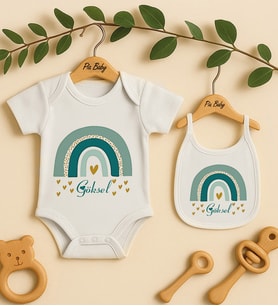 Pia Baby Premium %100 Pamuk İsme Özel Organik Baskılı Çıtçıtlı Bebek Body Ve Önlük 5055-20 (Ekru)