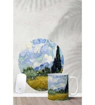 Van Gogh Wheatfield Desenli Bilek Destekli Mouse Pad Kupa Seti