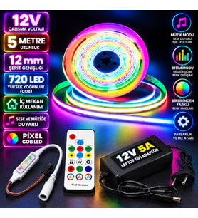 5M 12V 12mm 720 Ledli İç Mekan Pixel Cob Led 5A Laptop Adaptör Sese ve Müziğe Duyarlı Pixel Kumandal