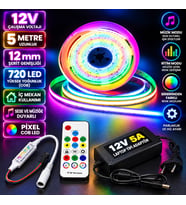 5M 12V 12mm 720 Ledli İç Mekan Pixel Cob Led 5A Laptop Adaptör Sese ve Müziğe Duyarlı Pixel Kumandal