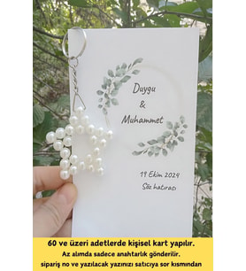 15 Adet Sade Kartlı Zincirli İnci Yıldız Anahtarlık - Kına Hediyelik - Nikah 