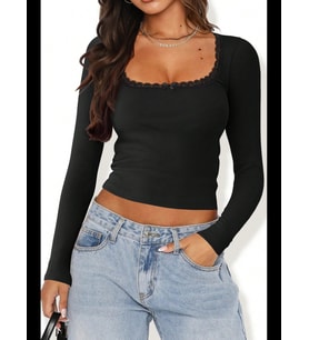 Fantezia Night Kadın Siyah Kare Yaka Dantelli Uzun Kollu Crop Top Bluz