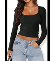 Fantezia Night Kadın Siyah Kare Yaka Dantelli Uzun Kollu Crop Top Bluz