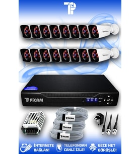 PICAM 16 Kameralı Kare 16 Dış Kamera Set HDD'siz Full HD Gece Görüşlü Güvenlik Kamerası Sistemi