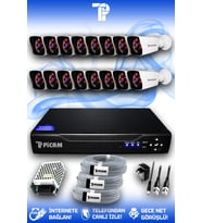 PICAM 16 Kameralı Kare 16 Dış Kamera Set HDD'siz Full HD Gece Görüşlü Güvenlik Kamerası Sistemi