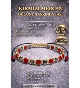 Sertifikalı Kırmızı Mercan Bileklik - 5 mm Küp Kesim Terahertz Doğal Taş Minimal Ayarlanabilir (Çok Renkli)