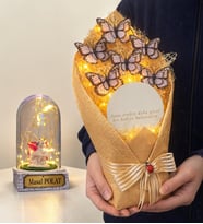 Kişiye Özel Led Işıklı Fanus ve Led Işıklı Aynalı Beyaz Kelebek Buketi Hediye Seti (Model 4)