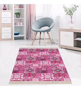 Kilim Desenli Etnik Dijital Baskı Yıkanabilir Kaymaz Taban Modern Salon Halı ve Yolluk (Pembe)