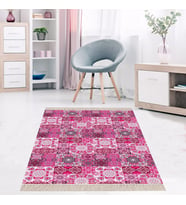 Kilim Desenli Etnik Dijital Baskı Yıkanabilir Kaymaz Taban Modern Salon Halı ve Yolluk (Pembe)