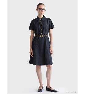 LCW Comfort İndigo Gömlek Yaka Kemerli Mini Jean Elbise