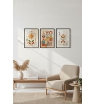 Modern Bohem Bitkisel ve Soyut Motifli 3’lü Ahşap Çerçeveli Tablo Seti