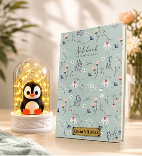 Kişiye Özel Şık Defter ve LED Işıklı Penguenli Fanus Hediye Seti