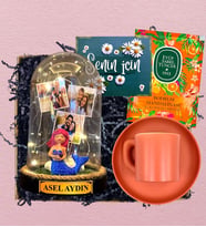 İsimli, 3 Fotoğraflı ve Işıklı Fanus & Turuncu Kahve Fincanı  Kişiye Özel Premium Set (Model 7)