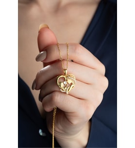 925 Ayar Gümüş Gold Kalp Anne Bebek Kolye