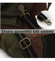 Cappadocia Vintage 4017 Haki 14" Laptop Kanvas Postacı Okul Çantası Unisex Kilitli Çok Cepli Omuz Askılı