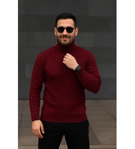 Erkek Balıkcı Yaka Bağazlı Triko Kazak Pamuklu Kalın Fitilli Dokuma, Regular Fit Uzun Kollu Kışlık M