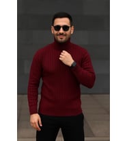 Erkek Balıkcı Yaka Bağazlı Triko Kazak Pamuklu Kalın Fitilli Dokuma, Regular Fit Uzun Kollu Kışlık M