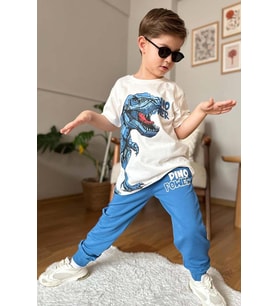 Erkek Çocuk Dinazor Digital Baskı Ve Yazı Detaylı T-Shirt Mavi Eşofman Takım