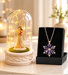 Led Işıklı Şans Melekli Fanus ve Gerçek Ametist Taşlı Lotus Kolye Sevgiliye Anneye Arkadaşa Hediye Seti
