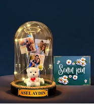 Kişiye Özel İsimli ve 3 Fotoğraflı Fanus, Beyaz Ayıcıklı ve Led Işıklı