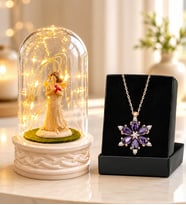 Led Işıklı Şans Melekli Fanus ve Gerçek Ametist Taşlı Lotus Kolye Sevgiliye Anneye Arkadaşa Hediye Seti