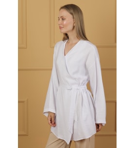 Doğal Viskon Kumaş Cepli Kemerli Kadın Kimono 1168 – Yakasız, Hafif, Dökümlü, Yazlık Model (Beyaz)