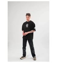 Unisex Bisiklet Yaka Baskılı Oversize T-Shirt - Siyah