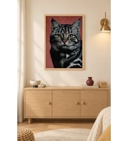 Bordo Kedi Sarı Gözler Ahşap Çerçeveli Duvar Tablosu