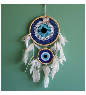 İki Gözlü Mavi Tüylü Natürel Rüya Kapanı Nazarlık/ Düş Kapanı/ Dreamcatcher
