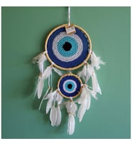 İki Gözlü Mavi Tüylü Natürel Rüya Kapanı Nazarlık/ Düş Kapanı/ Dreamcatcher