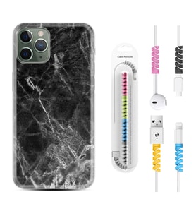 Apple iPhone 11 12 13 14 Pro Max Kılıf Kablo Koruma Spiral Silikon Kara Mermer 1375
