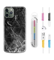 Apple iPhone 11 12 13 14 Pro Max Kılıf Kablo Koruma Spiral Silikon Kara Mermer 1375