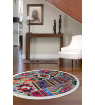 Dijidekor Halı Çok Renkli 9010 Saçaklı Yuvarlak Kesme İnce Yolluk Kilim Salon Halısı Modelleri (Çok Renkli-Multı)