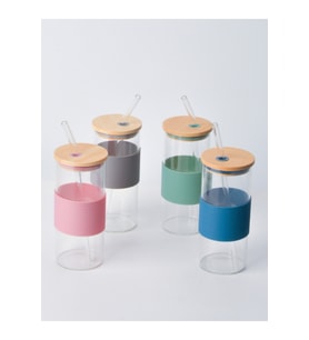 Bambu Kapaklı Cam Pipetli Kupa 400 ML 1 Adet