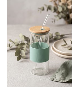 Bambu Kapaklı Cam Pipetli Kupa 400 Ml 1 Adet Gri