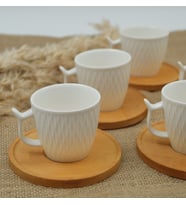 Bambu Tabaklı Fincan Seti 6lı Lüks Bambu Tabaklı Porselen Kahve Fincan Takımı