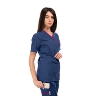 Kadın SPA  Hemşire Scrubs  Takım   Likralı Terry Cotton İndigo-Fuşya Biyeli (Renksiz)
