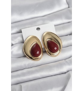 Pirinç Gold Renk Bordo Taşlı Damla Model Vintage Kadın Küpe TJ-BKP11682