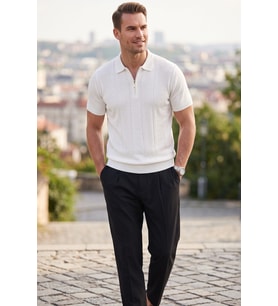 DeepSEA Erkek Fermuarlı Beyaz Polo Yaka Triko Tişört Regular Fit Rahat Kesim 2604360